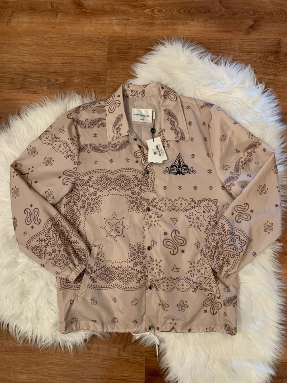 Eleven Paris NWT Oxford Paisley Jacket XXL Snap Front Tan Beige Life is a Joke